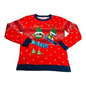 2631 Ugly Christmas Sweater XXL Cool Ski Boarders Knit Red Women's Long Sleeve